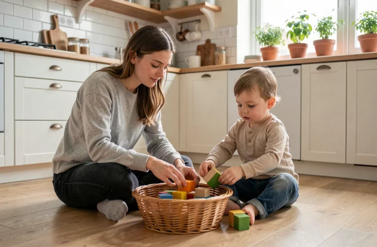 Jeune maman et son enfant en bas âge jouant avec des cubes en bois colorés sur le sol d'une cuisine familiale organisée et chaleureuse