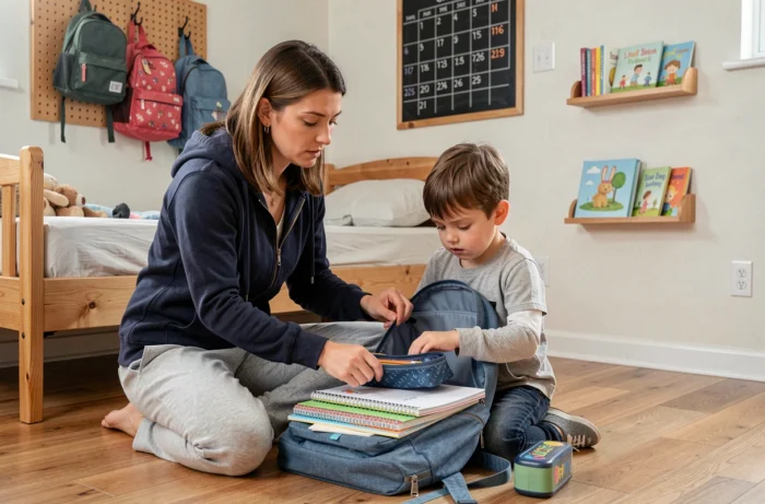 Maman aidant son fils à préparer son sac d'école dans une chambre d'enfant pratique et bien organisée