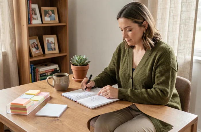 Maman organisée consultant son planificateur familial hebdomadaire dans un coin bureau à domicile cosy et bien rangé