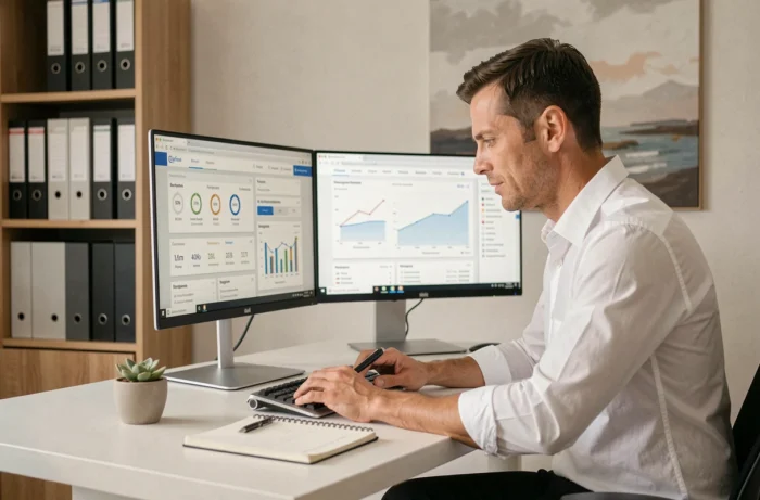Manager externalisé concentré sur des tableaux de bord KPI et des rapports de gestion dans un bureau privé moderne