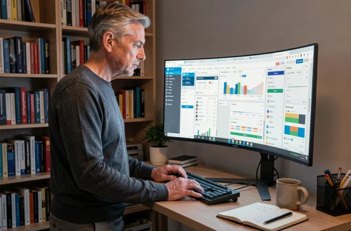 Manager B2B utilisant des outils de veille stratégique en ligne depuis son bureau à domicile avec plusieurs interfaces logicielles ouvertes
