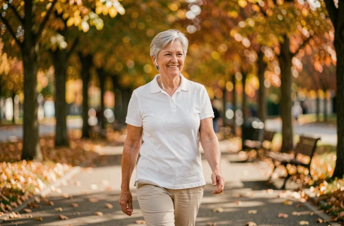 Femme d'une cinquantaine d'années marchant rapidement dans un parc urbain en automne pour maintenir une activité physique régulière et préserver sa santé