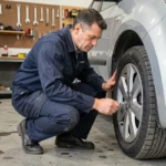 Mécanicien inspectant le pneu d'une voiture dans un garage moderne et bien équipé