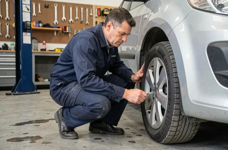 Mécanicien inspectant le pneu d'une voiture dans un garage moderne et bien équipé