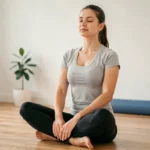 Femme pratiquant la méditation chez elle sur un tapis de yoga en bois dans un appartement minimaliste pour prendre soin de sa santé mentale au quotidien