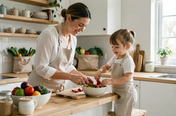 Maman et sa fillette préparant ensemble une salade de fruits dans une cuisine scandinave, moment de partage et d'apprentissage culinaire