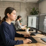 Jeune femme modélisatrice 3D travaillant sur un logiciel de modélisation dans un studio moderne à Rennes