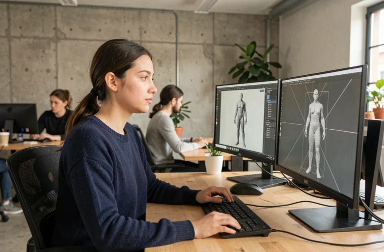 Jeune femme modélisatrice 3D travaillant sur un logiciel de modélisation dans un studio moderne à Rennes