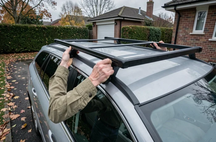 Homme installant une galerie de toit noire robuste sur un break familial garé dans une allée résidentielle en automne