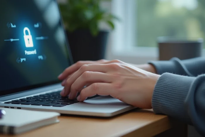 Gros plan sur des mains saisissant un mot de passe sécurisé pour accéder à un webmail académique