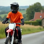 Jeune motard en tenue homologuée assis sur un Piwi 80 sur une route rurale française