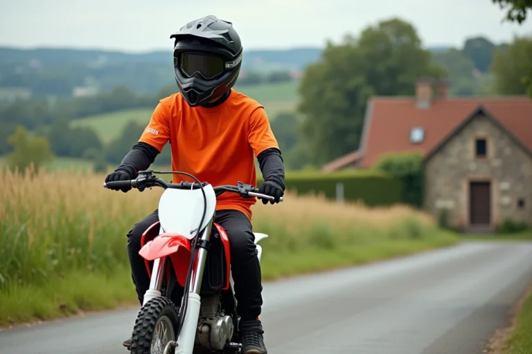 Jeune motard en tenue homologuée assis sur un Piwi 80 sur une route rurale française