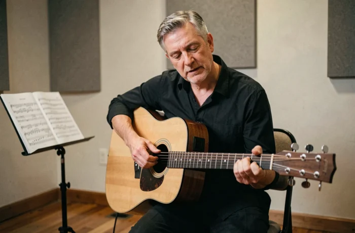 Musicien jouant de la guitare acoustique pour préparer une chanson d'adieu funèbre