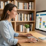 Femme naviguant sur la carte du site Esprits Public depuis un bureau à domicile bien organisé
