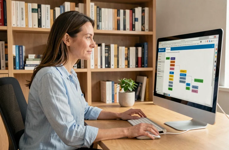 Femme naviguant sur la carte du site Esprits Public depuis un bureau à domicile bien organisé