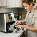 Femme nettoyant le panier amovible d'une friteuse sans huile en acier inoxydable dans une cuisine moderne
