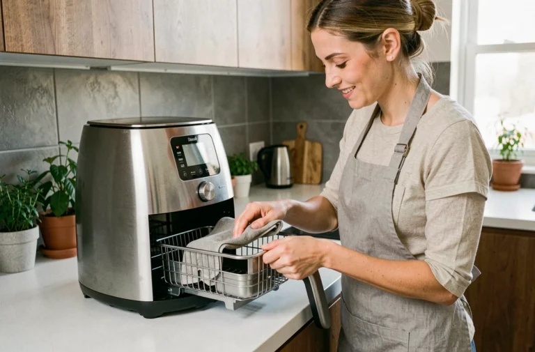 Femme nettoyant le panier amovible d'une friteuse sans huile en acier inoxydable dans une cuisine moderne