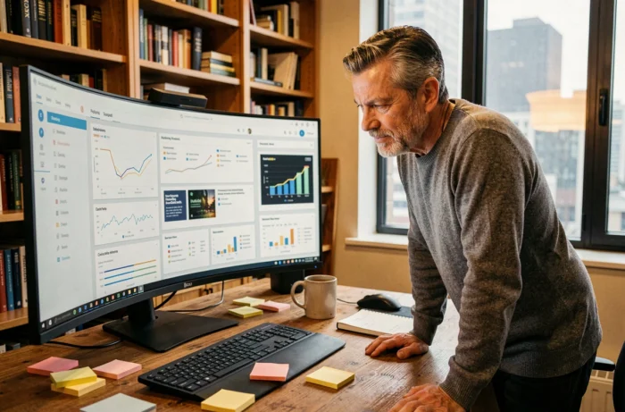 Homme consultant des nouvelles fonctionnalités logicielles sur un écran incurvé dans un bureau à domicile