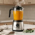 NutriBullet chauffant posé sur un comptoir en marbre blanc avec de la soupe au potimarron fumante dans le pichet transparent