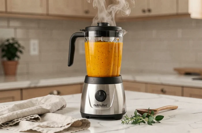 NutriBullet chauffant posé sur un comptoir en marbre blanc avec de la soupe au potimarron fumante dans le pichet transparent