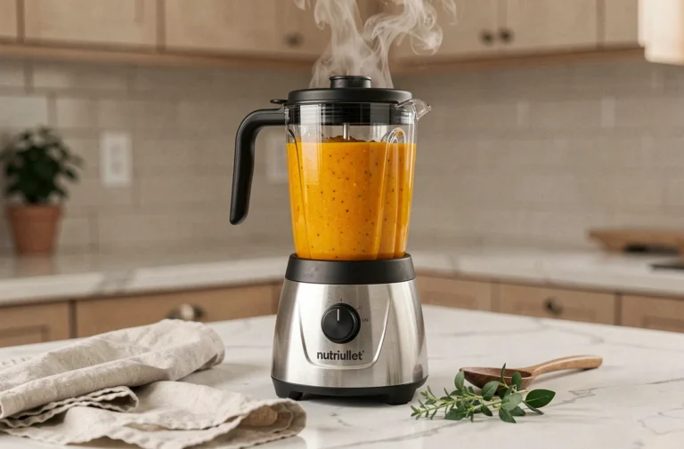 NutriBullet chauffant posé sur un comptoir en marbre blanc avec de la soupe au potimarron fumante dans le pichet transparent