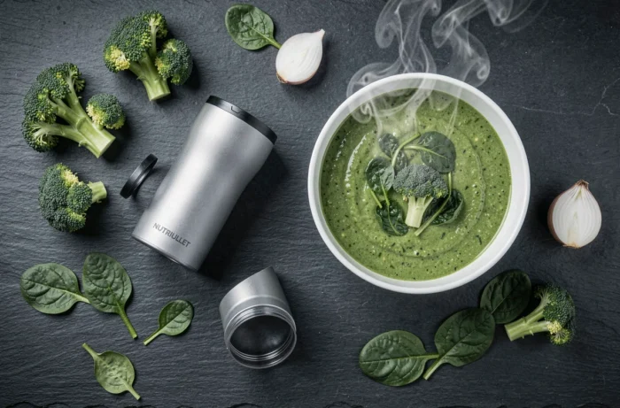 Vue aérienne du NutriBullet chauffant démonté entouré de légumes frais et d'un bol de soupe verte au brocoli sur ardoise sombre