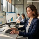 Professionnelle en blazer marine travaillant sur des logiciels de gestion d'entreprise dans un bureau moderne avec double écran