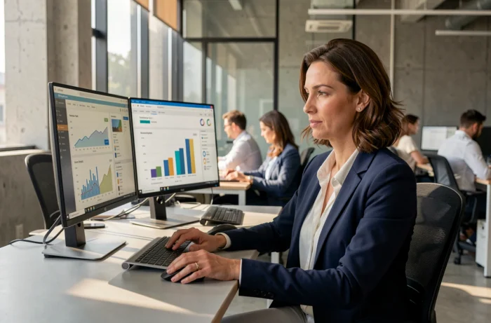 Professionnelle en blazer marine travaillant sur des logiciels de gestion d'entreprise dans un bureau moderne avec double écran