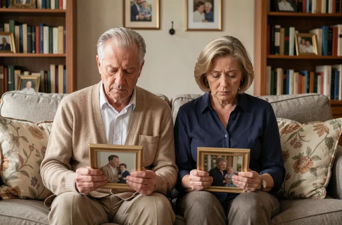 Parents âgés regardant des photos de famille sur un canapé, exprimant la douleur du rejet par leurs enfants adultes
