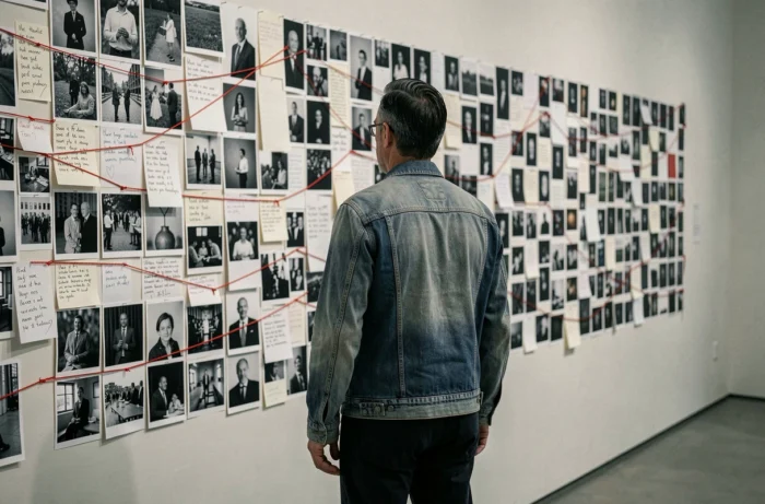 Homme de dos devant un mur de recherche avec photographies et notes reliées par des fils rouges dans une galerie