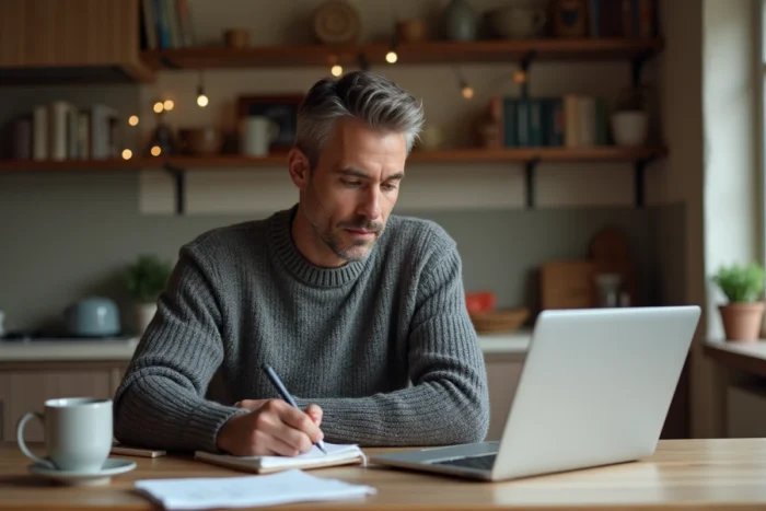 Personne prenant des notes à la maison devant un ordinateur portable pour planifier sa recherche d'emploi et choisir un métier à 1800 euros net