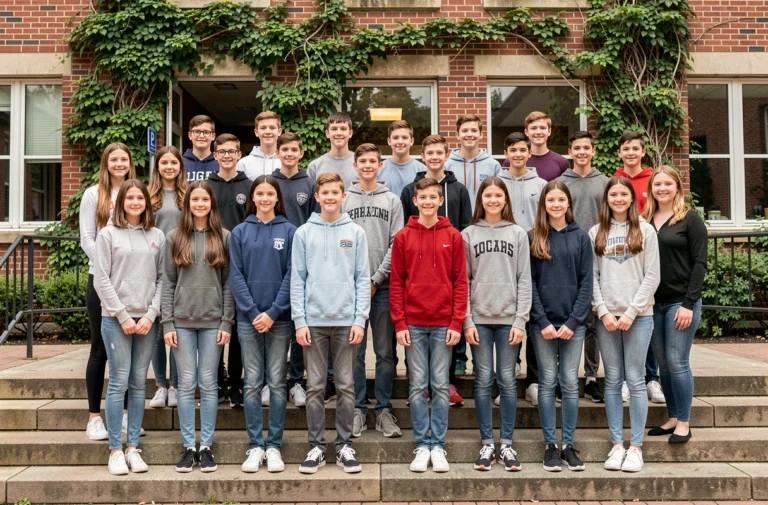 Photo de classe d'élèves de collège posant dans la cour de l'établissement Jean Rostand
