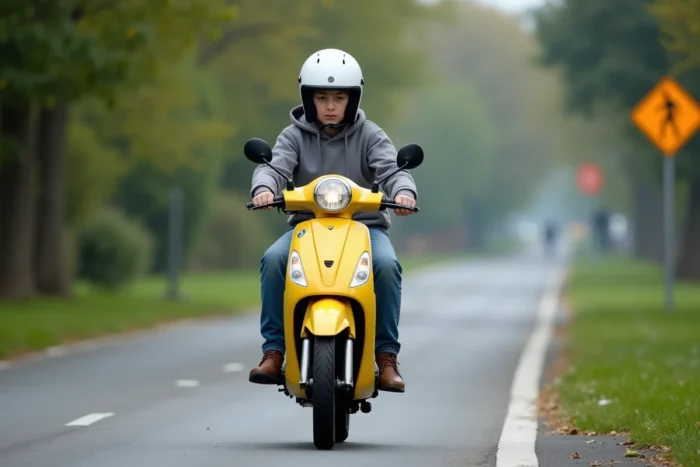 Adolescent circulant légalement sur un Piwi 80 sur une piste cyclable urbaine en France