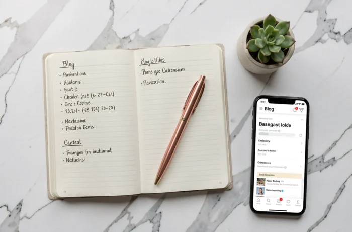 Vue aérienne d'un bureau organisé avec agenda ouvert et plan de navigation de blog noté à la main