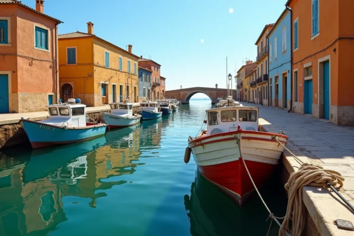 Port canal de Sète avec bateaux amarrés, décor emblématique de la série télévisée Demain nous appartient