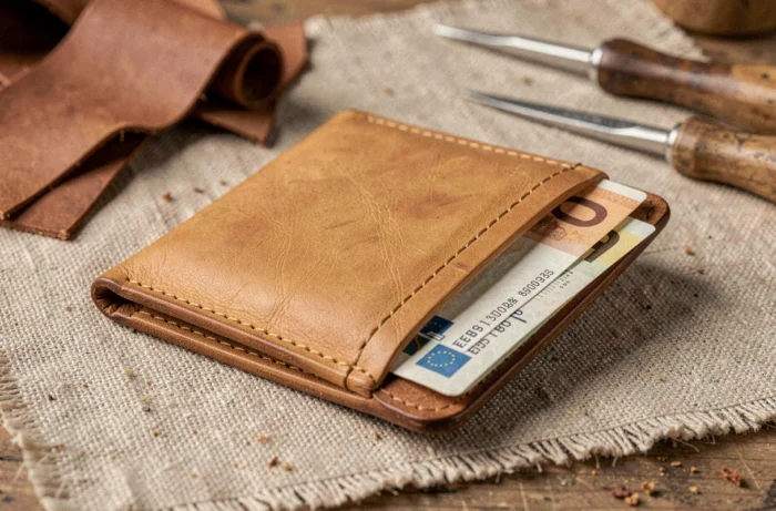 Portefeuille en cuir tanné végétal ouvert sur une surface en lin avec coutures apparentes et billets