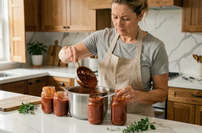 Femme en tablier versant de la sauce bolognaise maison dans des bocaux en verre pour la conservation au réfrigérateur