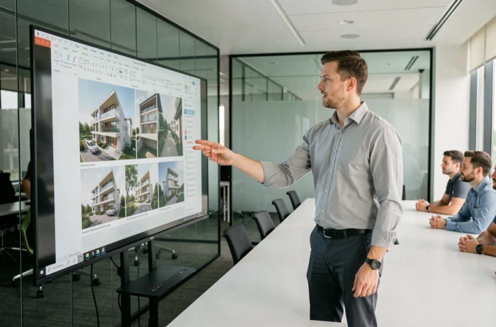 Professionnel de la visualisation architecturale présentant des rendus 3D à une équipe en salle de réunion