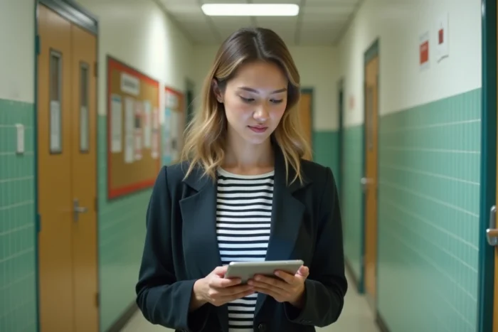 Jeune professeure consultant l'intranet de l'académie d'Amiens sur une tablette dans un couloir d'école