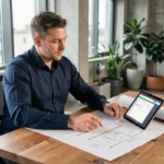 Professionnel du bâtiment consultant des plans et une plateforme de gestion de chantier sur tablette dans un bureau moderne