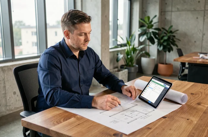 Professionnel du bâtiment consultant des plans et une plateforme de gestion de chantier sur tablette dans un bureau moderne