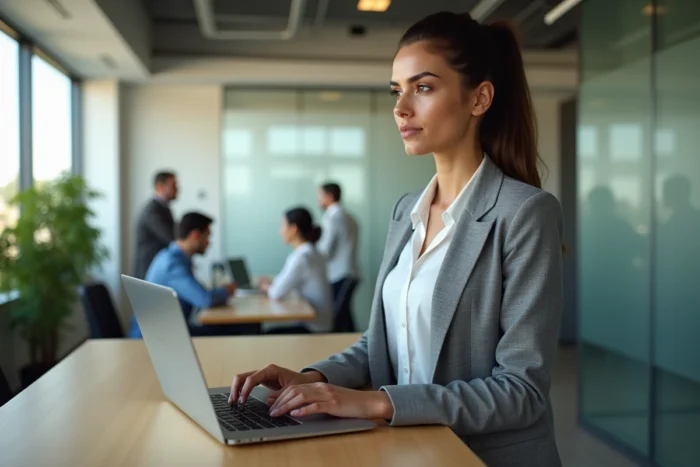 Professionnelle en entreprise consultant une alerte de sécurité informatique sur son ordinateur portable