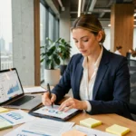 Professionnelle B2B analysant des données de veille stratégique sur tablette et ordinateur portable dans un bureau moderne