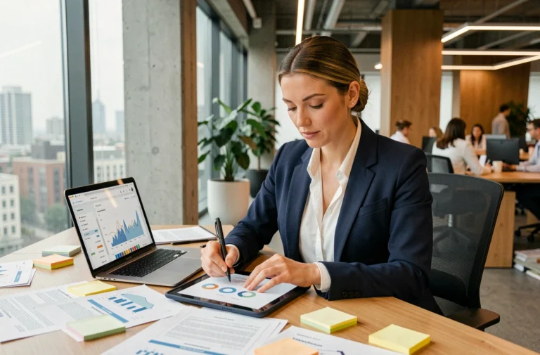Professionnelle B2B analysant des données de veille stratégique sur tablette et ordinateur portable dans un bureau moderne