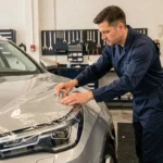 Technicien automobile appliquant un film de protection transparent sur le capot d'un SUV argenté dans un atelier professionnel