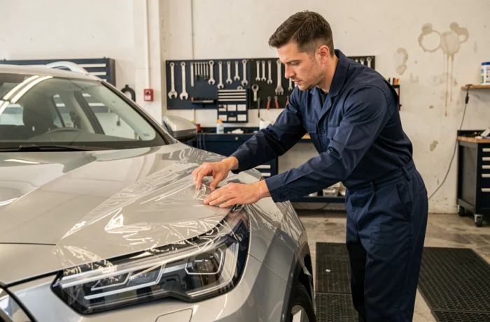 Technicien automobile appliquant un film de protection transparent sur le capot d'un SUV argenté dans un atelier professionnel