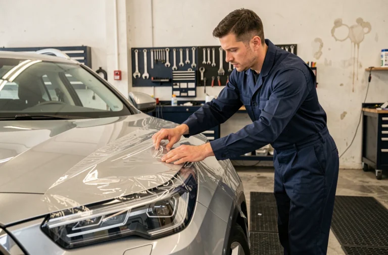 Technicien automobile appliquant un film de protection transparent sur le capot d'un SUV argenté dans un atelier professionnel