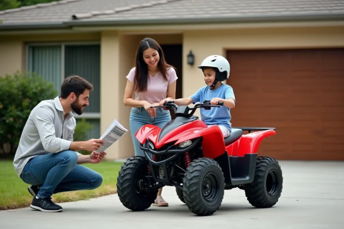 Famille en train d'examiner un quad 125 cm³ homologué dans une allée résidentielle avant achat