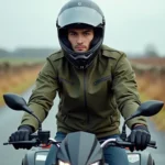 Jeune homme équipé d'un casque intégral assis sur un quad 125 cm³ homologué route sur une route rurale pavée en automne
