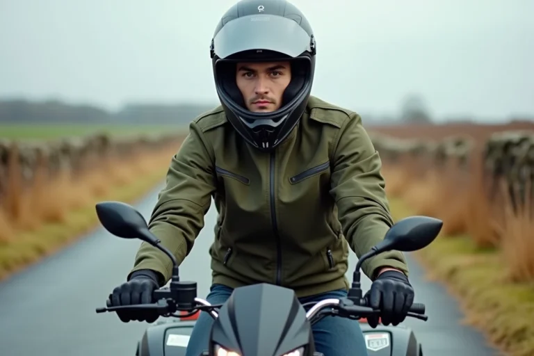 Jeune homme équipé d'un casque intégral assis sur un quad 125 cm³ homologué route sur une route rurale pavée en automne